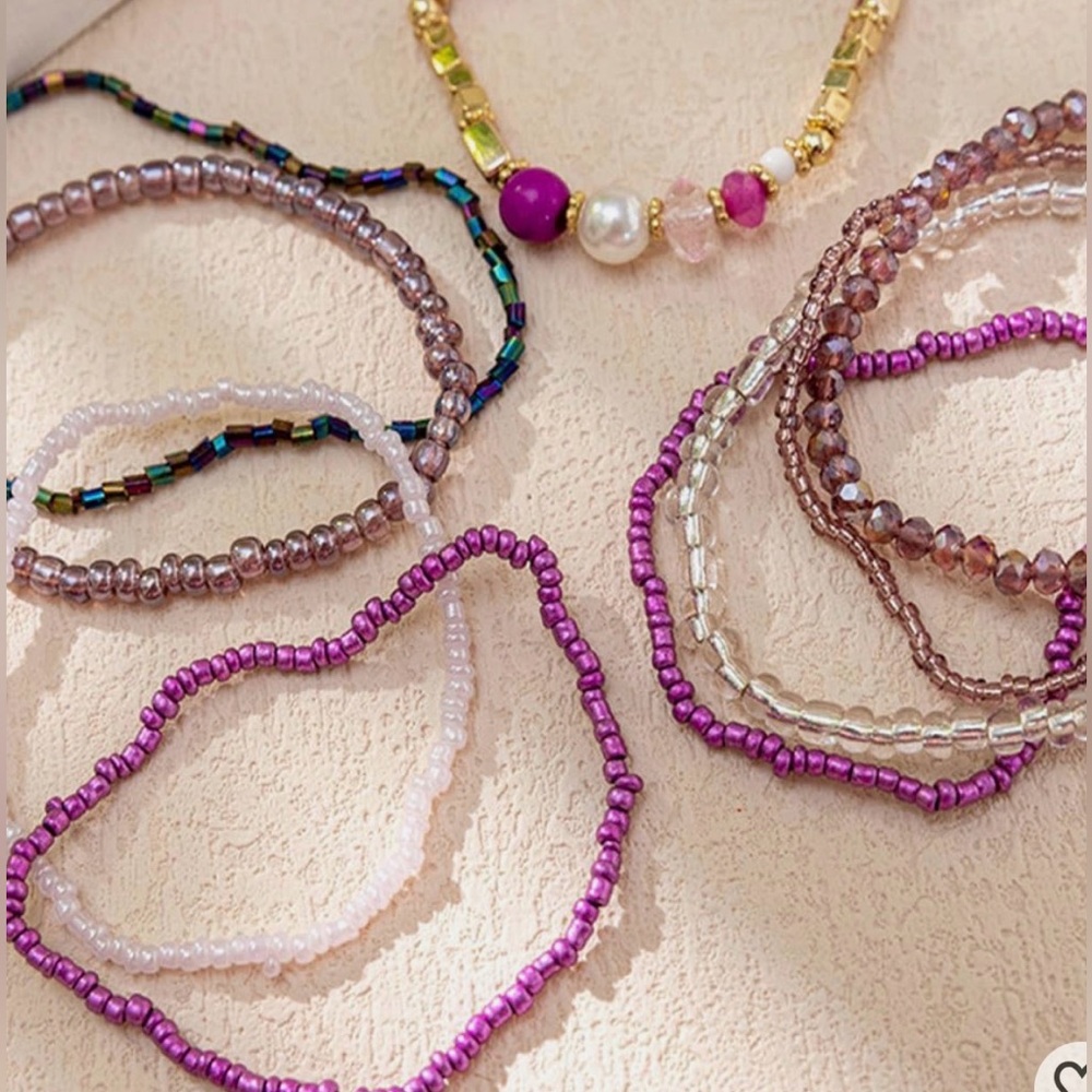 Boho Beaded Multi-Strand Bracelet Stack - Pink & Purple Seed Beads - Picture 3 of 5